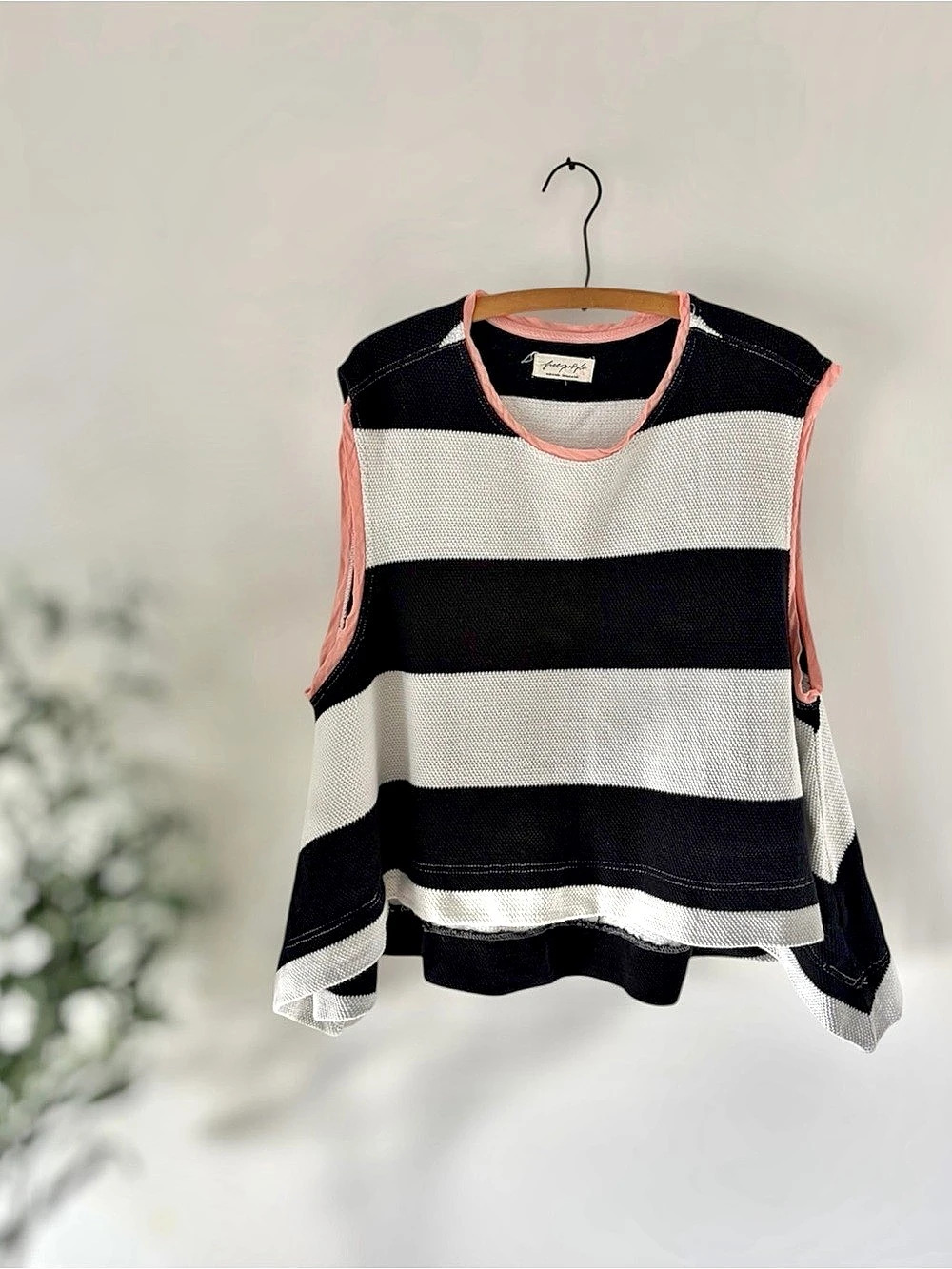 Free People Walcott Sleeveless Sweatshirt  Black White Striped Oversized Small